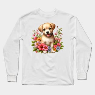 A golden retriever puppy decorated with beautiful colorful flowers. Long Sleeve T-Shirt